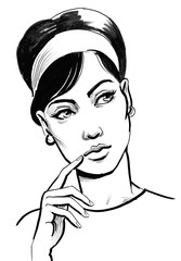 Retro styled ink drawing of a beautiful woman thinking hard