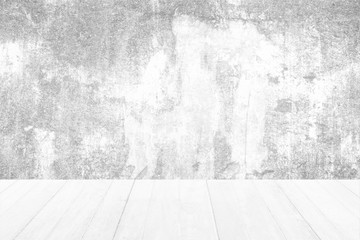 Wood Floor with White Grunge Wall Texture. (Realistic Room Background)