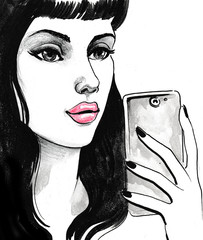 Ink sketch of a pretty girl taking selfie with a smartphone.