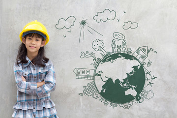 Little girl engineering with creative drawing on world map environment with happy family, eco...