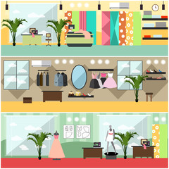 Vector set of fashion atelier interior flat posters, banners