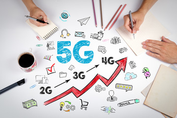 5g Business Concept. The meeting at the white office table.