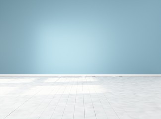 Empty space with blue wall and white floor. Mock-up template for display, products, title or logo. Studio or blank office space. 3d illustration
