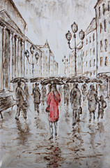 woman in red dress walking under rain with umbrella on moscow streets, original monochrome painting on canvas part of gallery collection