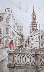 woman in red dress waiting her love on bridge in moscow, original vintage monochrome painting  on canvas part of gallery collection