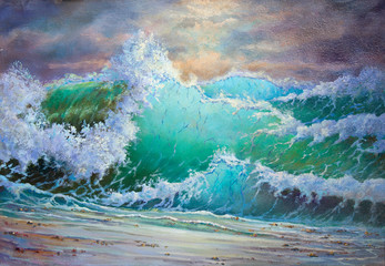 wild big storm sea waves - heaven seascape view - original oil painting on canvas, piece of art part of gallery collection