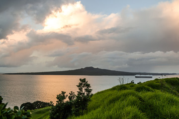 A cargo boat near Rangitoto Island in New Zealand.