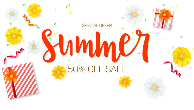 Summer sale ad banner. Top view. Gift box with red ribbon and bow, burning, lighted candle, with serpentine and confetti on white background. Template for online shopping.