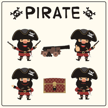 Set isolated pirate in cartoon style. Collection funny pirate in different poses with pistols, sword, gun and chest.