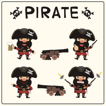 Set isolated pirate in cartoon style. Collection funny pirate in different poses with pistols, sword, beer mug and two guns.