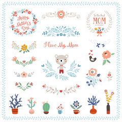 Mother's Day collection with typographic design elements. Decorative flowers, branches, floral wreaths and frames, butterfly, bird, Teddy Bear, plant pots and vases. Vector illustration.