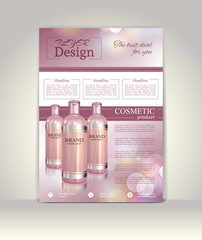 Flyer, brochure or magazine cover template. Cosmetic ads poster.3D Realistic vector illustration in soft purple color.