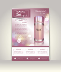Flyer, brochure or magazine cover template. Cosmetic ads poster.3D Realistic vector illustration in soft purple color.