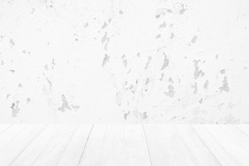 Wood Floor with White Grunge Wall Texture.