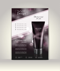 Flyer, brochure or magazine cover template. Cosmetic ads poster.3D Realistic vector illustration in soft purple color.