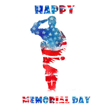 Happy Memorial Day. Watercolor Hand Drawn illustration. Silhouette Of A Soldier Saluting  On The Background Of The American Flag.
