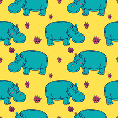Cartoon animal, cute hippo on green backgrounds.