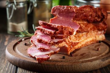 Smoked bacon with chopped slices, ready to prepare a traditional breakfast with eggs