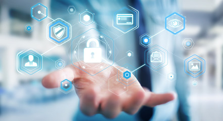 Businessman using antivirus to block a cyber attack 3D rendering