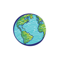 Earth icon hand-drawn on white background. World map in doodles or globe retro style. Environment design for earth day.