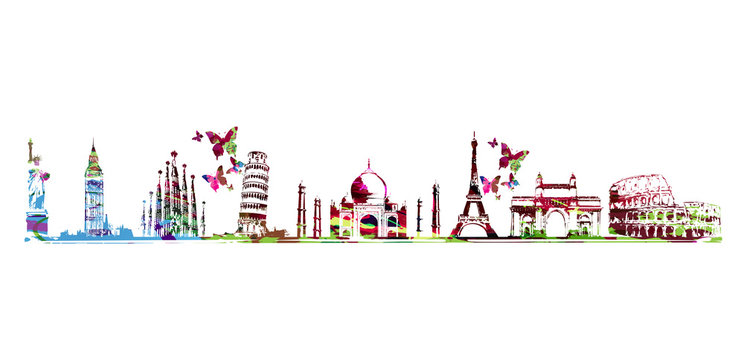 Travel and tourism background. Famous world landmarks vector illustration. World skyline isolated