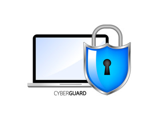 Shield With laptop. Cyber security icon design. Privacy concept. Illustration isolated on white background.