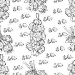 Vector hand drawn seamless pattern of garlic. Stylized black and white sketch of a bundle of garlic groves tied with ribbon