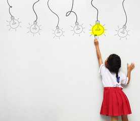 little girl with paintbrush creative drawing light bulb ideas on wall