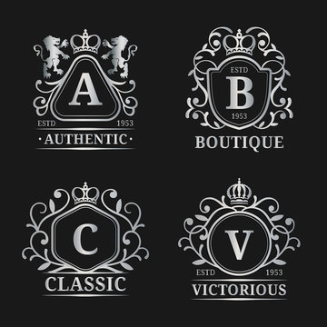 Vector monogram logo templates. Luxury letters design. Graceful vintage characters with crown and lions illustration.