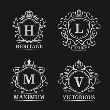 Vector monogram logo templates. Luxury letters design. Graceful vintage characters with crowns illustration.