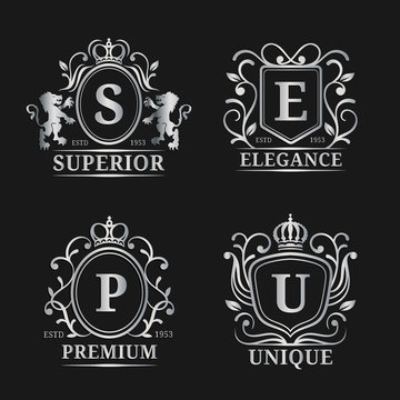 Vector monogram logo templates. Luxury letters design. Graceful vintage characters with crown and lions illustration.