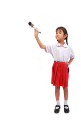 Little girl with a paintbrush, isolated on white background