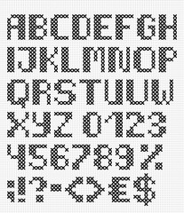 Handmade english font with numbers and symbols. Vector set of stitched letters on cloth texture
