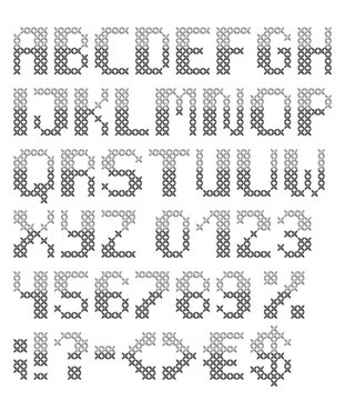 Grey cross stitched english font with numbers and symbols. Vector set. Isolated on white background