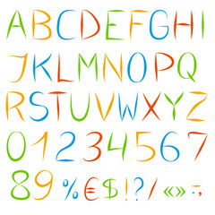 Painted font with numbers and symbols. Vector set. Isolated on white background