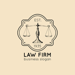 Law office logo with scales of justice illustration. Vector vintage attorney, advocate label, juridical firm badge.