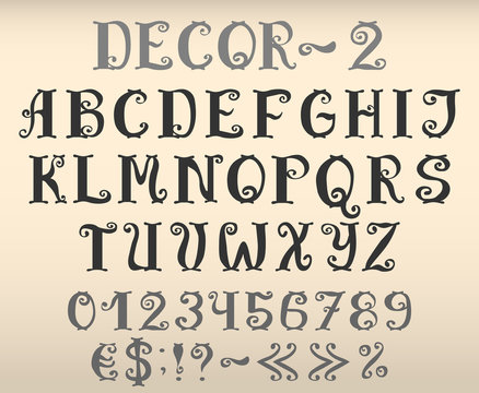 Vintage decorative english font with numbers and symbols. Vector set of letters with flourishes.