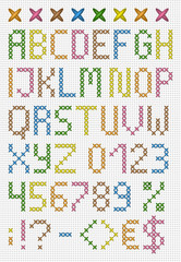 Fototapeta na wymiar Colorful cross stitch uppercase english alphabet with numbers and symbols. Isolated on white cloth texture