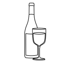 monochrome silhouette with bottle of wine and glass vector illustration