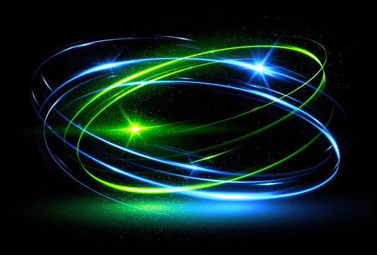 Glow effect. Ribbon glint. Abstract rotational border lines. Power energy. LED glare tape. .Luminous shining neon lights cosmic abstract frame. Magic design round whirl. Swirl trail effect.