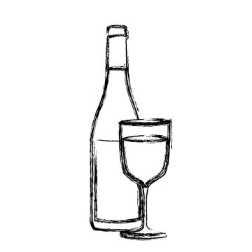 monochrome sketch silhouette with bottle of wine and glass vector illustration
