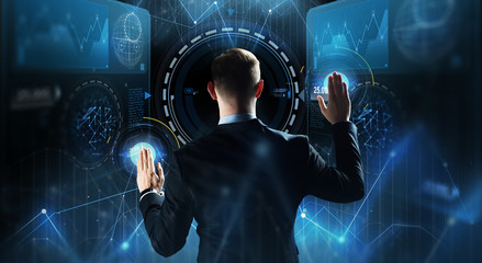 businessman touching virtual screen