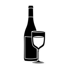 black silhouette with bottle of wine and glass vector illustration