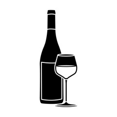 black silhouette with bottle of wine and burgundy glass vector illustration