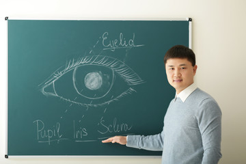 Handsome young Asian teacher on blackboard background