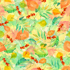 Watercolor vintage autumn background. With paint divorces red, orange yellow. With autumn leaves, red berries. Beautiful, stylish stylish background.