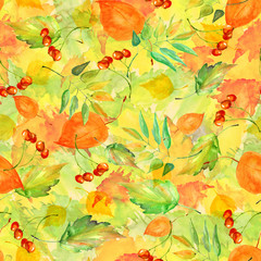 Watercolor vintage autumn background. With paint divorces red, orange yellow. With autumn leaves, red berries. Beautiful, stylish stylish background.