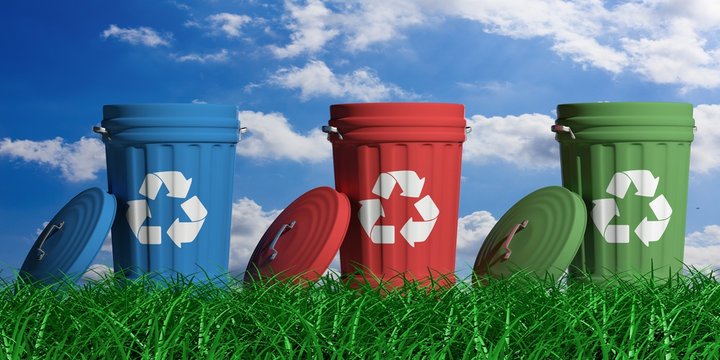 Recycle trash bins on blue sky and grass background. 3d illustration