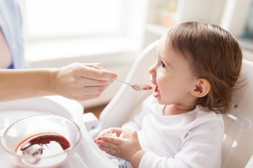 mother feeding baby with puree at home