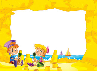 Obraz premium cartoon frame with children on the beach playing in sand sailboats in the background - space for text